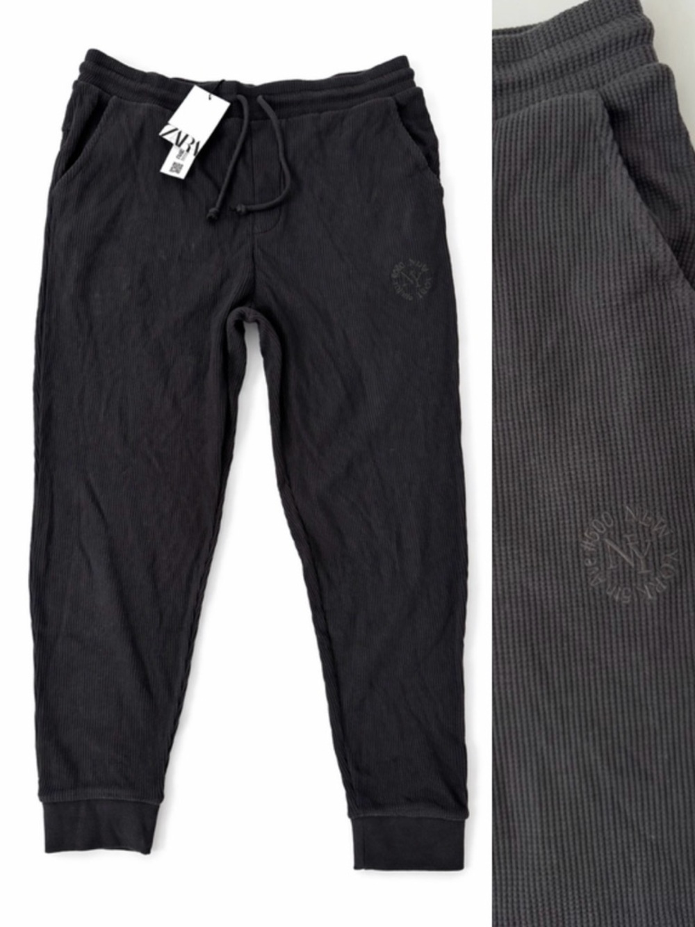 New ZARA Waffle Knit Ribbed Jogger Pants XL Black Cotton Lounge Casual graphite
